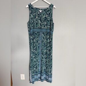J Jill blue green leaf print stretch jersey tank top maxi dress Women’s sz L